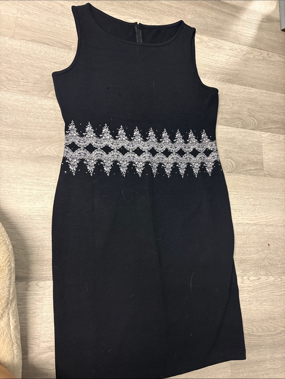 St. John Black Sleeveless Sheath Dress with Silver Waist Embellishment